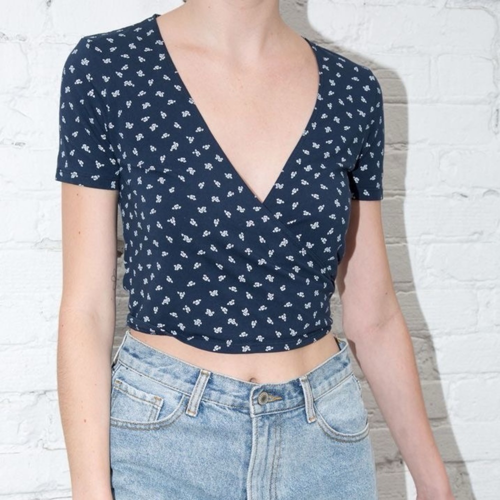 Brandy Melville Navy Blue Floral Rae Wrap Top
